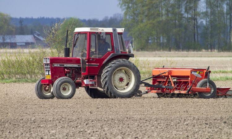 Punainen traktori kylvää pellolla