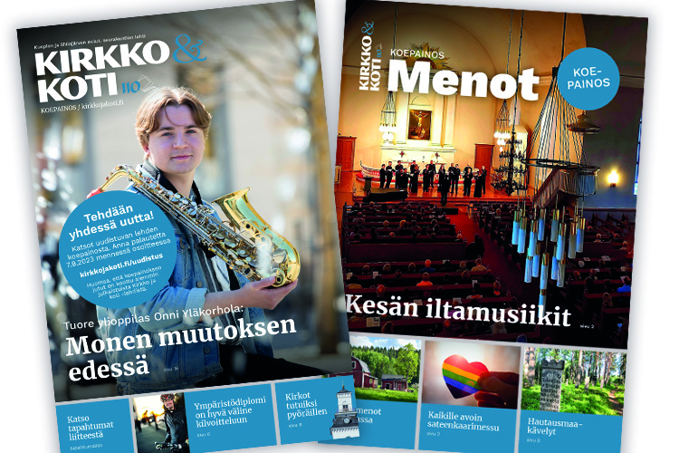 Kaksi lehden kansikuvaa, vasemmalla Kirkko ja koti -lehti, oikealla Menot-liite.