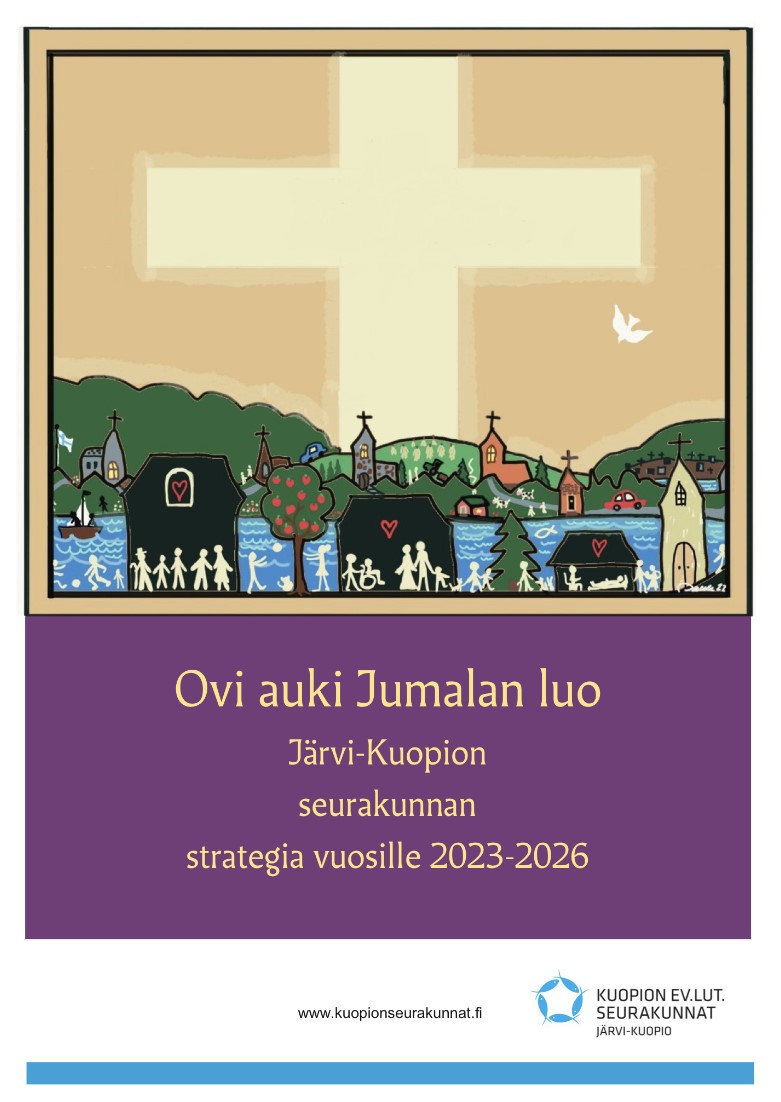 Kansikuva Järvi-Kuopion seurakunnan strategiasta vuosille 2023–2026. Kuvassa piirretty järvimaisema ja risti.