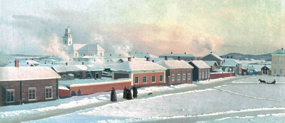 Talvinen maalaus Kuopiosta nykyisen kaupungintalon suunnalta kohti Tuomiokirkko vuodelta 1855.