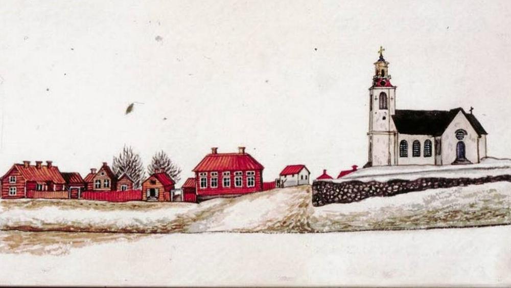 piirros kirkosta ja kustaan torista 1800-luvun alkupuolelta