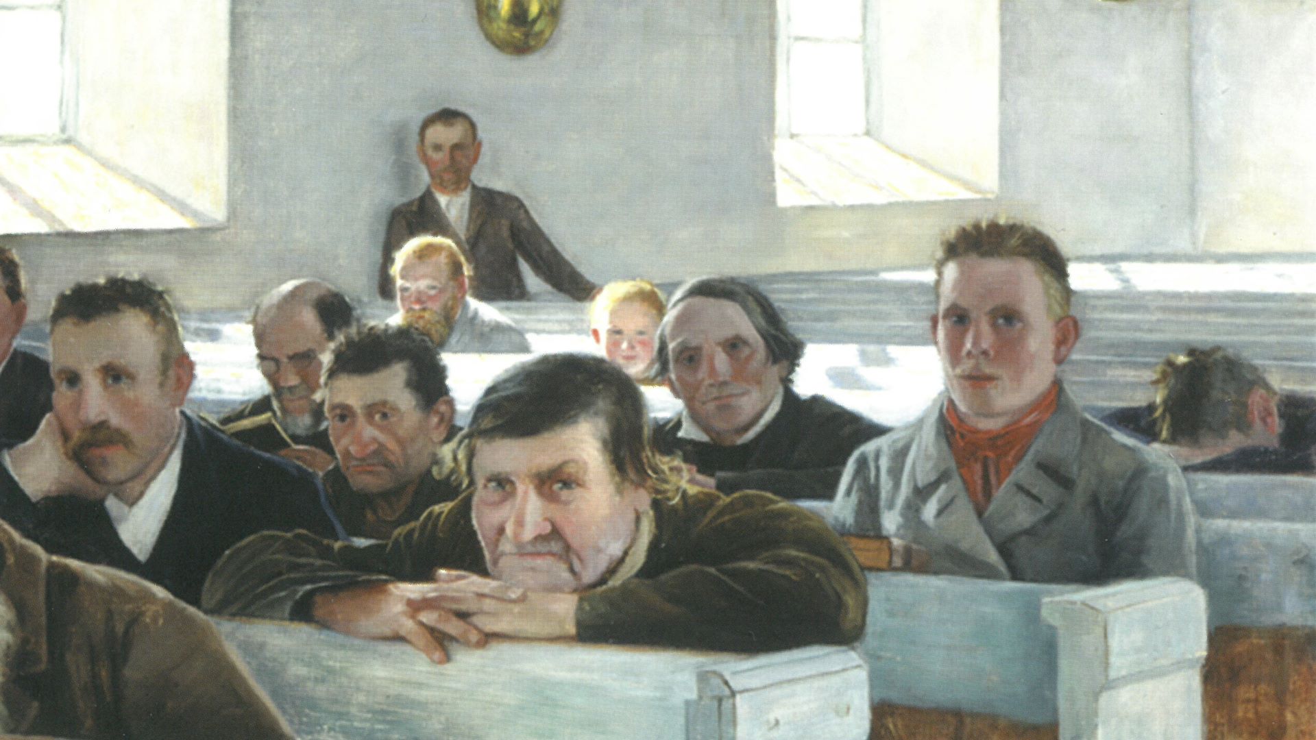 Miehiä Tuomiokirkon penkissä kuuntelemassa saarnaa 1800-luvun lopulla.