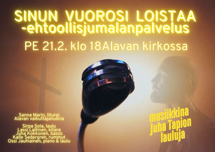 Ehtoollisjumalanpalveluksen esiintyjät nimettynä, risti taustalla.