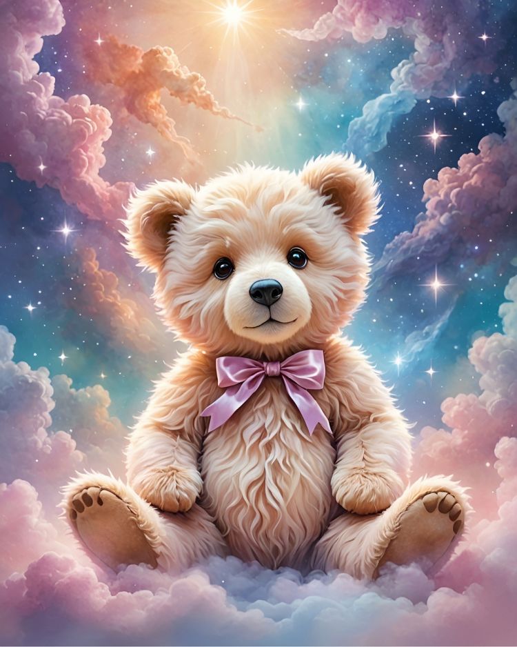 Nalle istuu pilven päällä. 