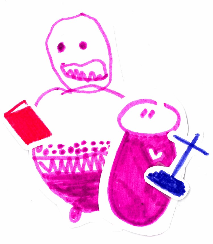 2 vaaleanpunaista hahmoa, toisella kädessä kirja ja toisella risti.
