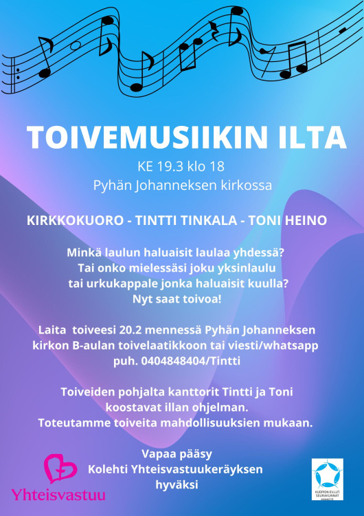 Toivelaulujen ilta kuvassa toivemusiikin ilta- konsertin juliste