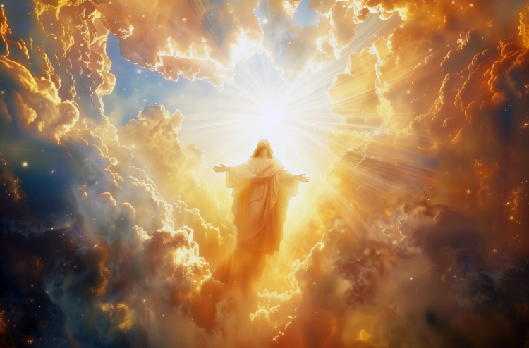 Jeesus katsoo ylöspäin pilvien ympäröimänä