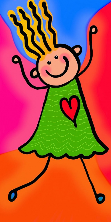 piirretty värikäs lapsi jolla mekko jossa sydän