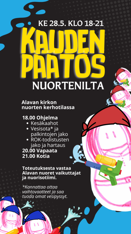 Piirroshahmoja vesipyssyjen kanssa. Keskellä teksti joka kuvailee tapahtuman.