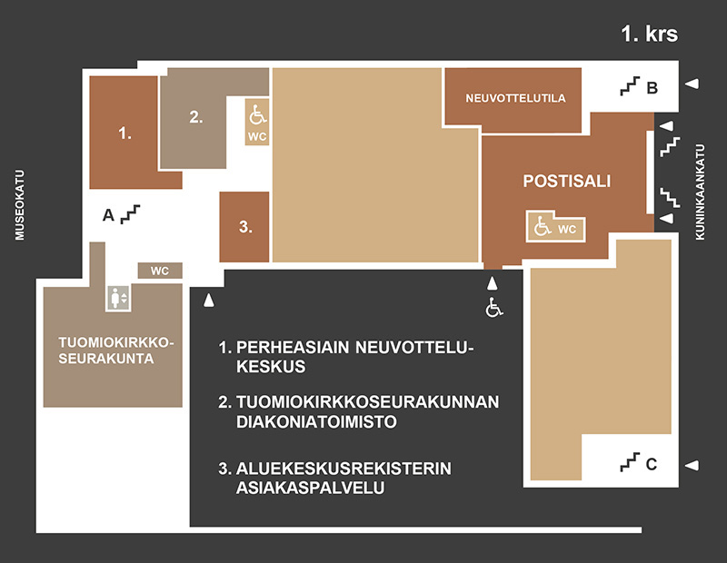 Seurakuntakeskuksen 1. kerroksen piirroskuva. Tilat mm. diakoniatoimisto, perheneuvonta, aluekeskusrekisteri.