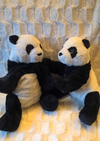 Kaksi panda pehmolelua istuu sohvalla