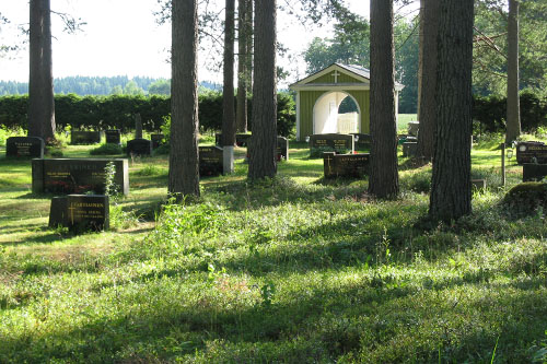 Hautakiviä, puita ja hautausmaan harjakattoinen portti.