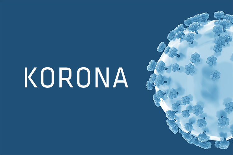 Koronaviruksen kuva sinisellä taustalla, kuvan päällä teksti korona.