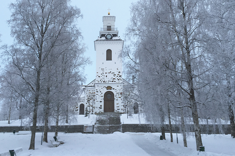 Luminen kuva Tuomiokirkosta ja puistosta.