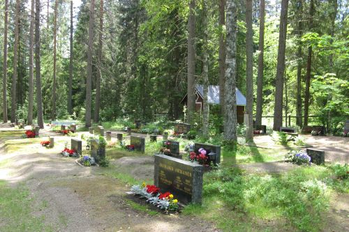 Ritokallion hautausmaa Hautoja kesäkukkaistutuksineen ja varastorakennus taustalla.