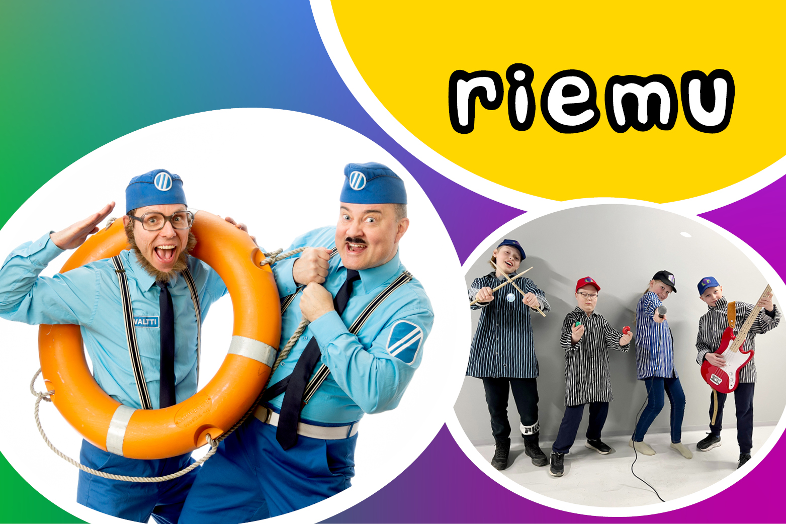 Riemun esiintyjiä: Maltti ja Valtti sekä Lehtisen pojat. Kuvassa myös Riemun logo.