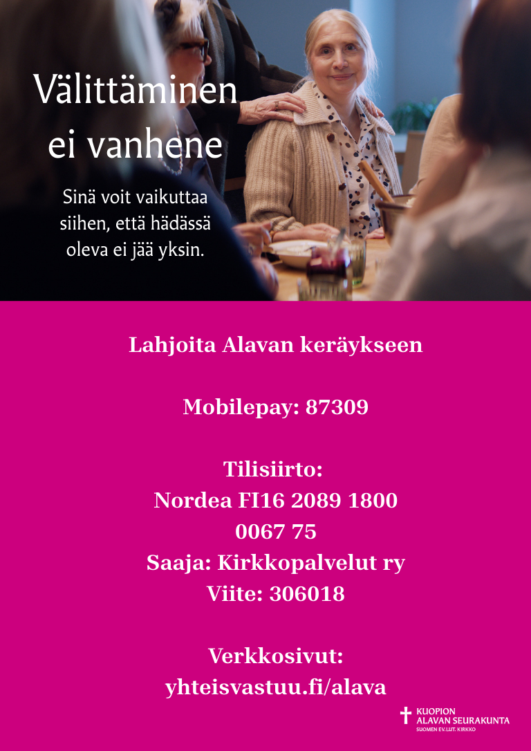 Kuvassa ikäihminen ja ympärillä läheisiä. Teksti 